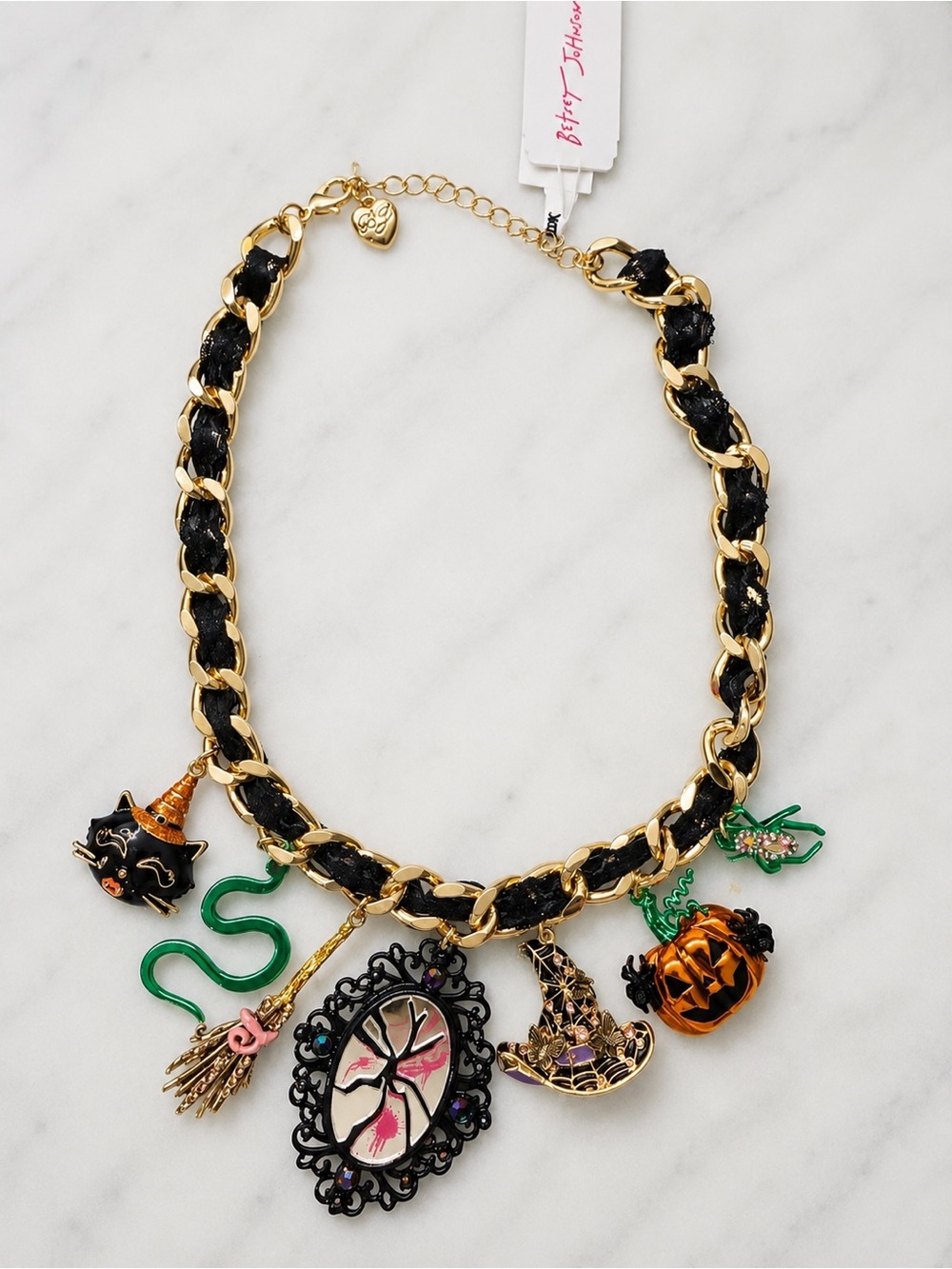 NEW RELEASE Betsey Johnson Halloween Charm Car Spider Pumpkin Hat Necklace NWT